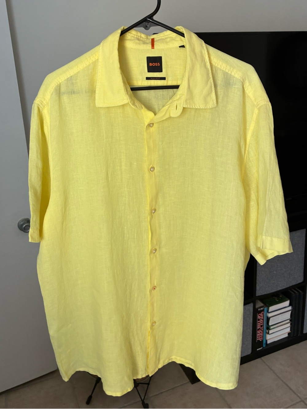 BOSS Mens XXL Short Sleeve Linen Shirt Yellow Regular Fit Button Up Casual Beach